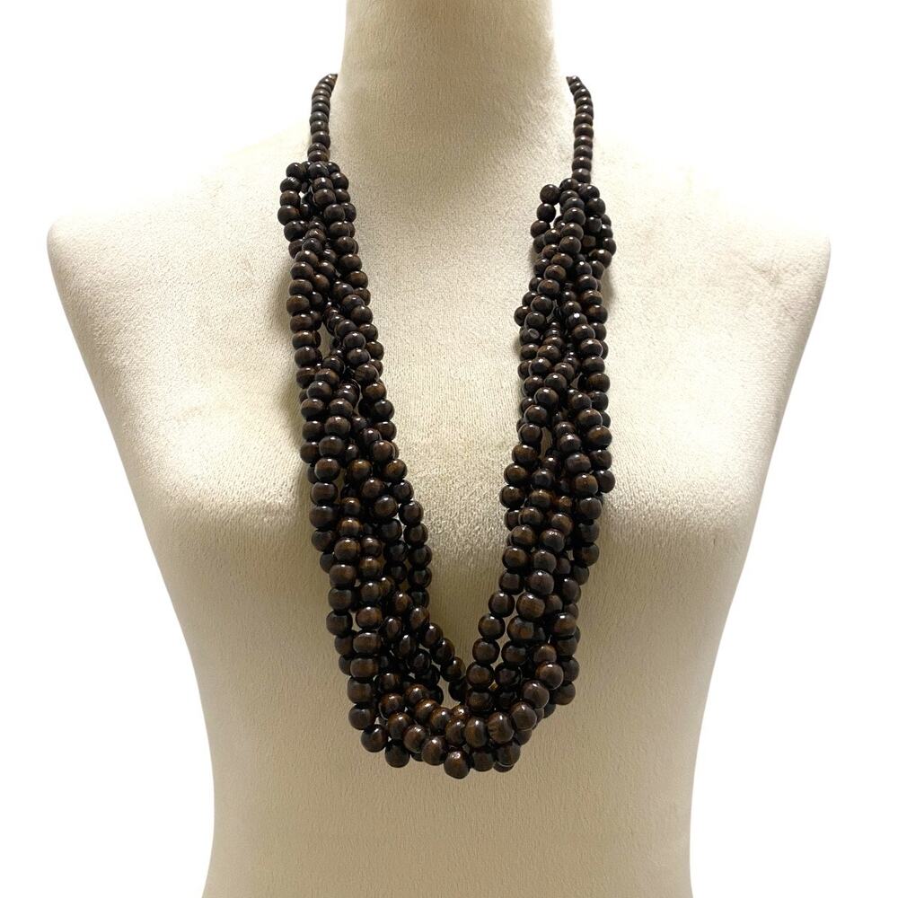 Boho Chic Long Wooden Statement Jewelry Beaded Braded Twisted Necklace